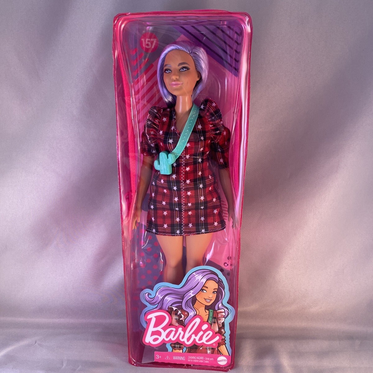 Barbie Fashionista #157 Curvy Doll Purple Hair, Plaid Dress