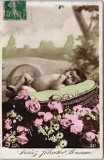 Cute Baby With Flowers In Basket Vintage RPPC B188