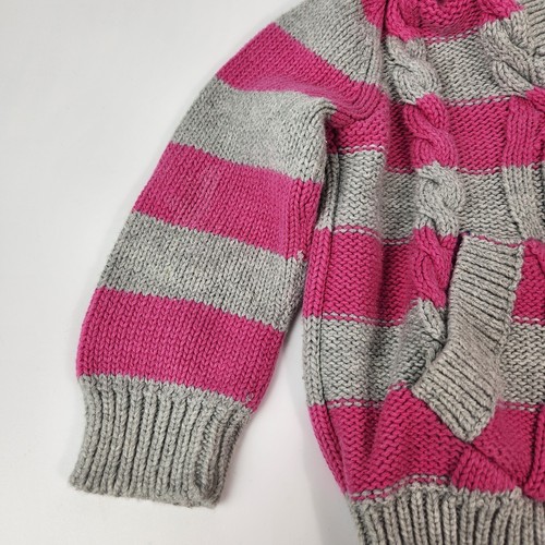 Baby Chunky Cable Knit Sweater Girls 12-18M Pink Striped Hooded Pullover Girly - Picture 5 of 10