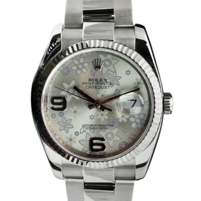 ROLEX 36mm 18kt White Gold & Stainless Datejust Silver Floral 116234 SANT BLANC