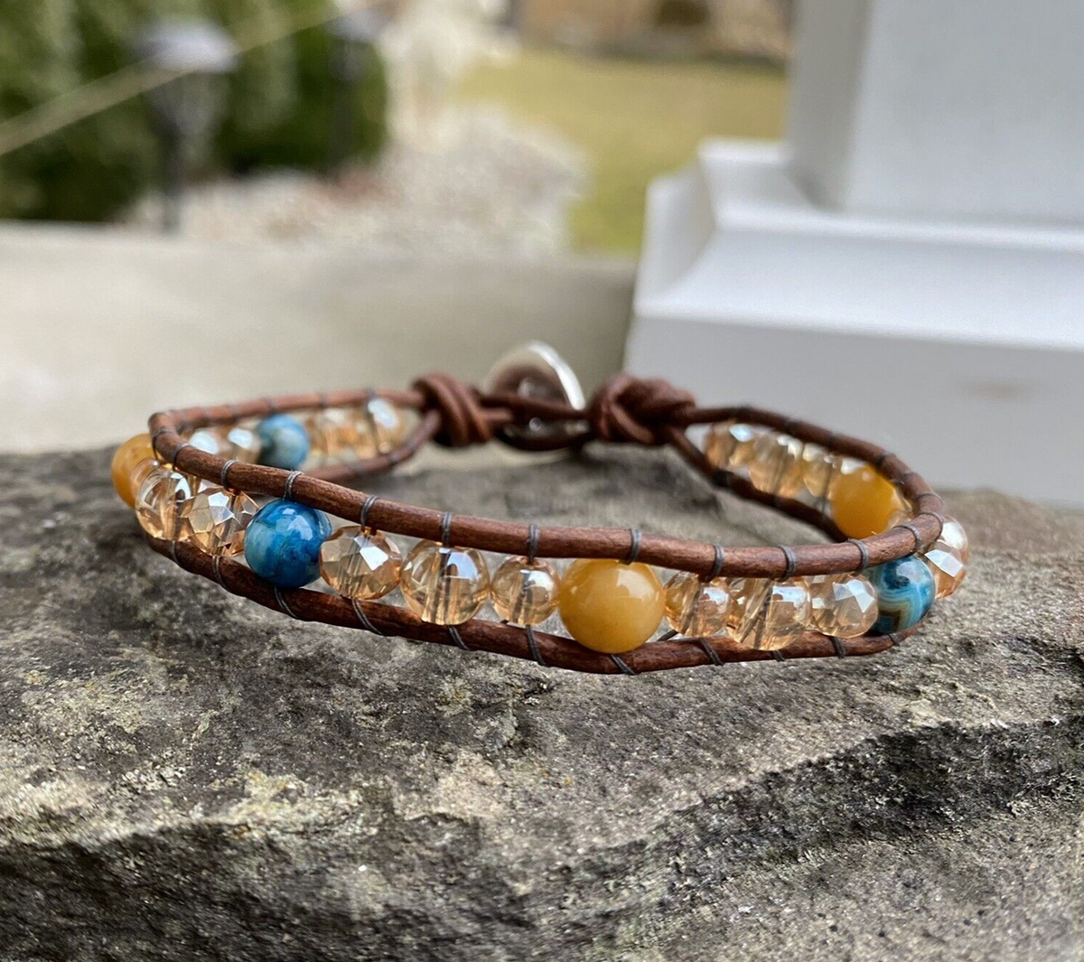 Gemstone Beaded Wrap Bracelet Blue and Brown with Brown leather