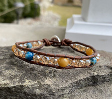Gemstone Beaded Wrap Bracelet Blue and Brown with Brown leather Bracelet