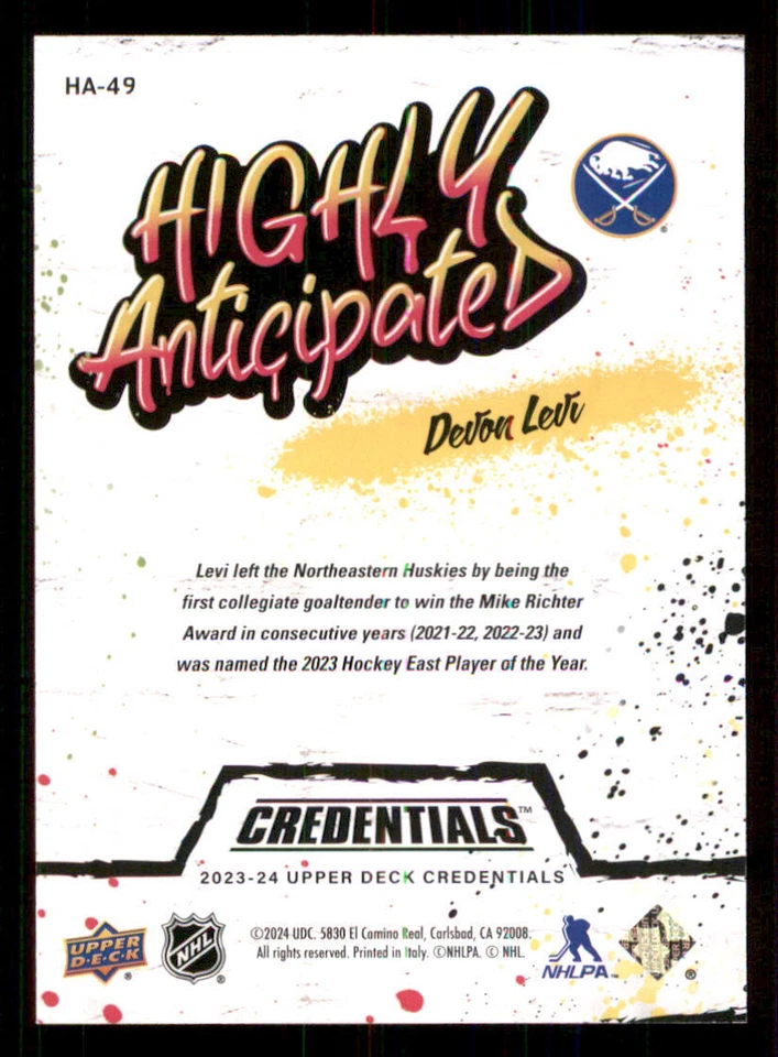 2023-24 Upper Deck Credentials Highly Anticipated #HA49 Devon Levi - Image 2 of 2