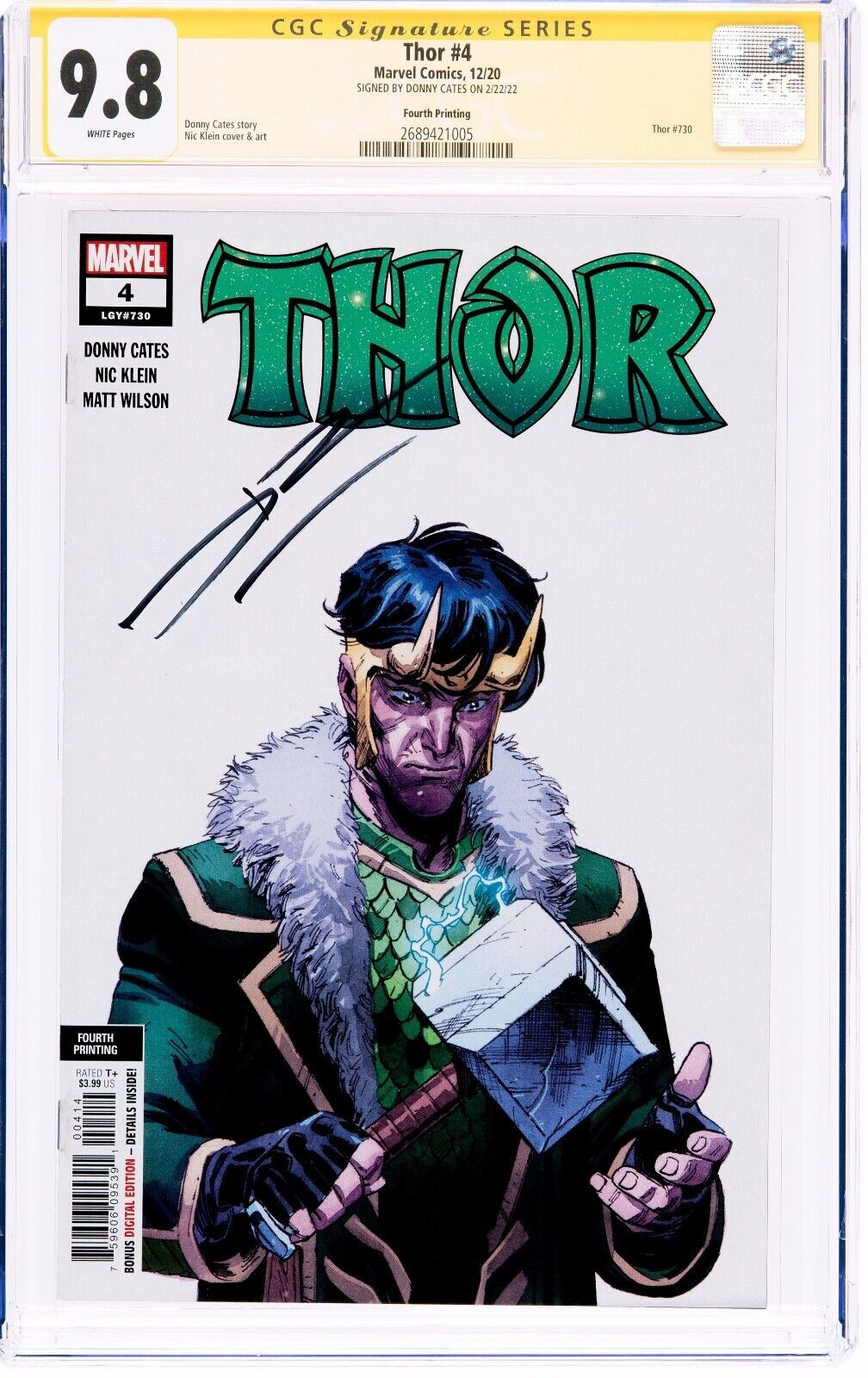 THOR #4 CGC 9.8 S.S. (Marvel 2020) Signed by DONNY CATES, LOKI cover 4th Print