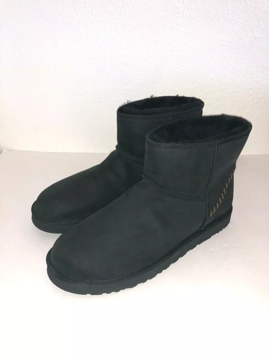 NEW UGG Classic Mini Deco Black Leather Sheepskin Men's Boots