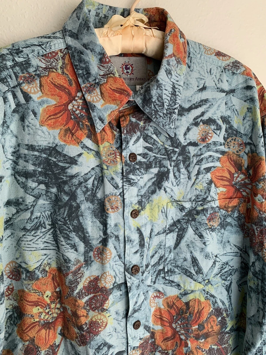 L The Territory Ahead Blue Hawaiian Button Shirt Tropical Floral Aloha Large