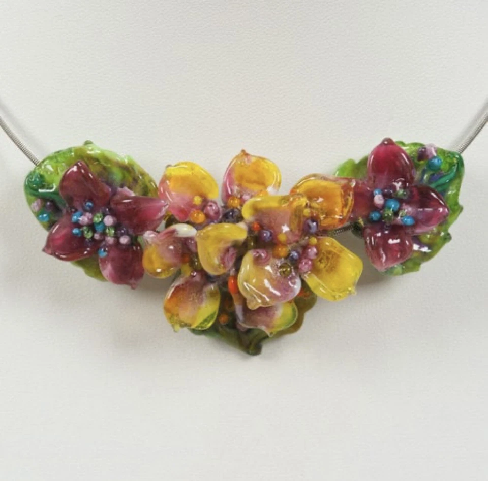 Patsy Evins Pink Yellow Hydrangea Flower Lampwork Bead Set - Beautiful & Special - Image 3 of 4