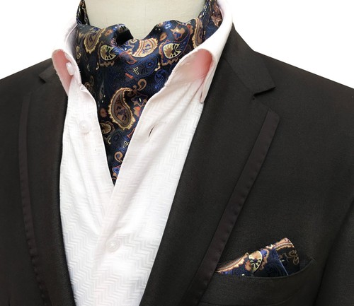 Classic Men's Ascot Cravat Tie Silk Paisley Blue Black Scarves Cravat Hanky Set - Picture 34 of 49