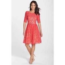 Eliza J Belted Lace Fit and Flare Dress Short Sleeves Red Women's Size 2