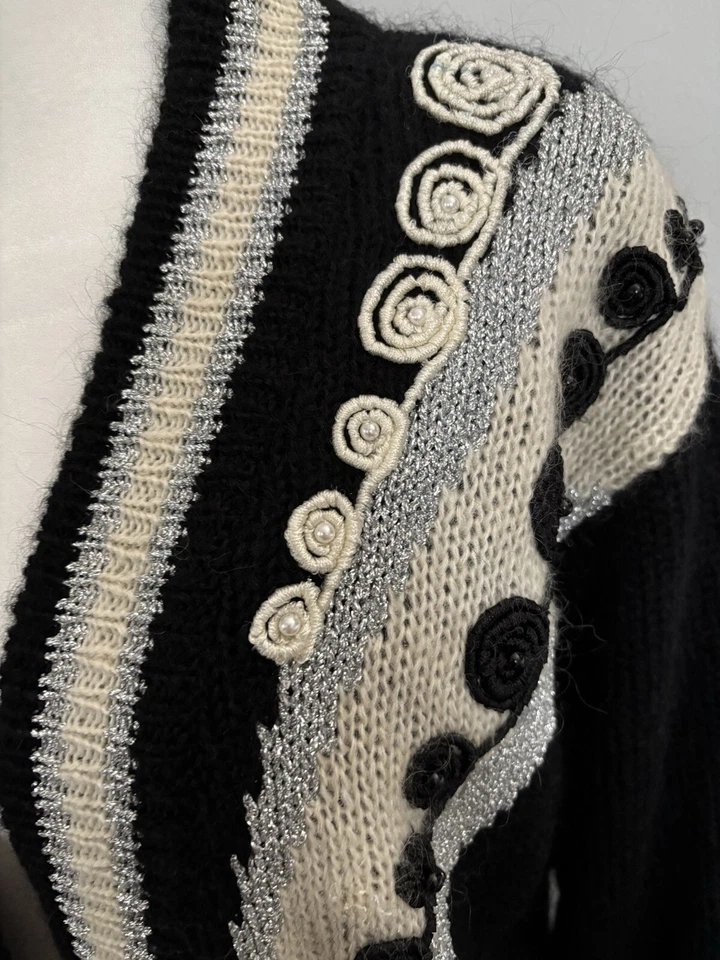 Chaleco Largo Vintage Años 80 CARRERA FRANKLIN Negro Mohair Tejido Bordado Metálico L/XL Foto 2 de 4