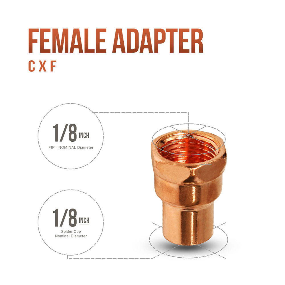 1/8" x 1/8"  CxF Copper Female Adapter Sweat x FIP Thread Reducer Fitting