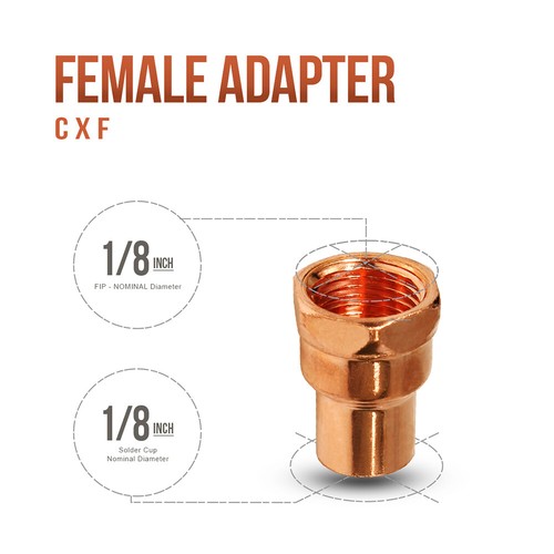 1/8" x 1/8" CxF Copper Female Adapter Sweat x FIP Thread Reducer Fitting