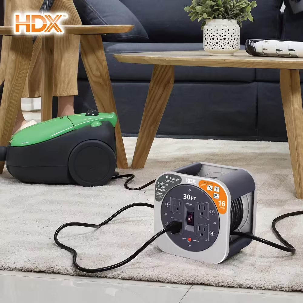 HDX 30 ft. 16/3 Extension Cord Reel with 4 Grounded Outlets