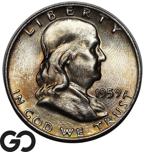 1959-D Franklin Half Dollar, Beautiful Toner, Solid Gem BU++