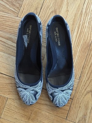 Sergio Rossi Low Heel Blue White Denim Women s Tapestry Pumps Italy Size EU 37