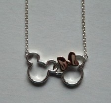 Disney Mickey Minnie Mouse Necklace 18" Silver w/ Rose Gold Bow BRAND NEW