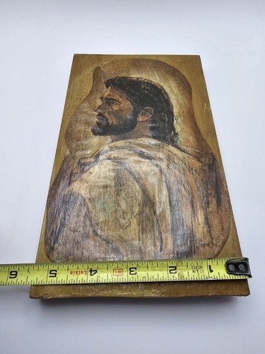 Vintage Wooden Religious Decoupage Wall Hanger Young Jesus Handmade Signed - Picture 3 of 5