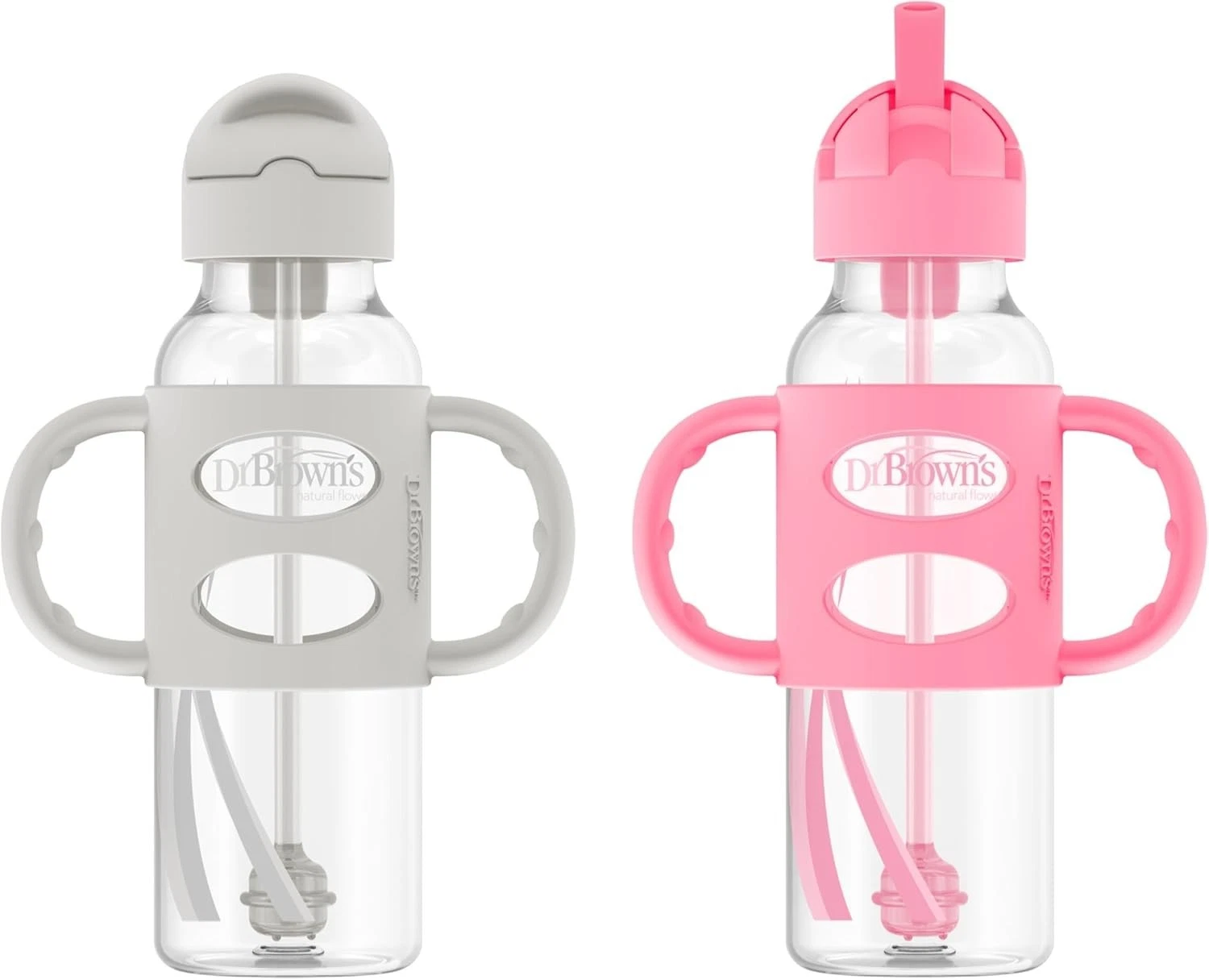 Dr. Brown’s Sippy Straw Bottle Set–Silicone Handles Gray &Pink (8 oz, Pack of 2)