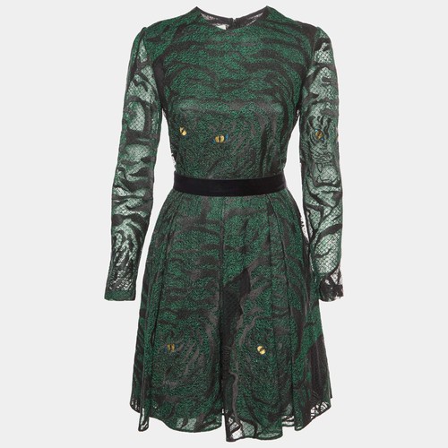 Valentino 1967 Green Metallic Animal Eye Pattern Lace Mini Dress M