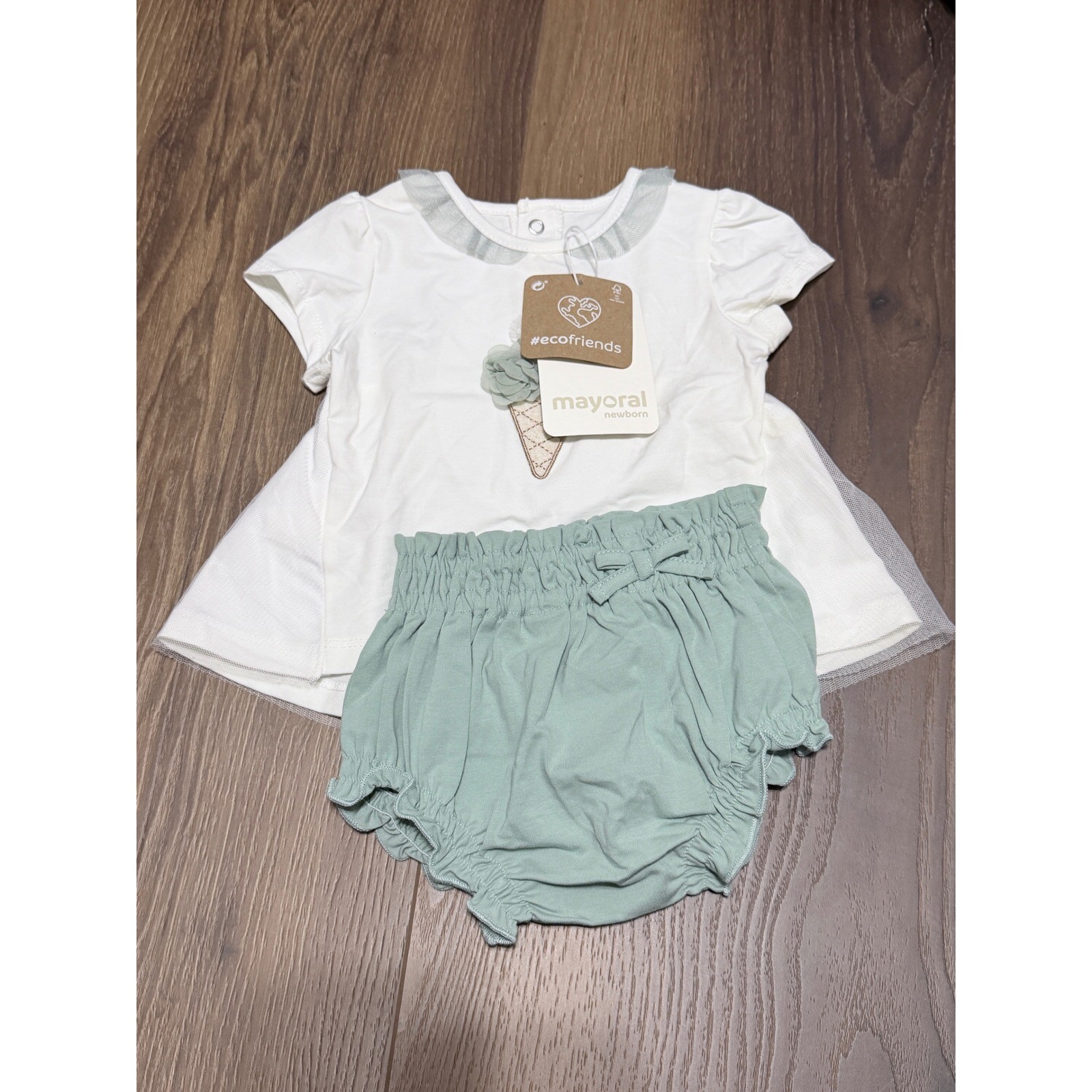 Mayoral Top Bloomer Set Niñas Nuevo en Caja Blanco Verde Helado Eco-Friends Volantes 2 piezas