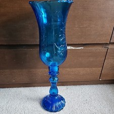 Vtg 60s  Italy  Empoli Glass Hurricane Chimney Blue Lamp Candle Holder  17.5" T