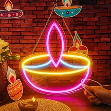 Diwali Neon Sign Festival Oil Lamp Shape LED Light Signs Backdrop Decorations...