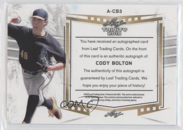 2019 Leaf Trinity Auto Inscriptions Red /7 Cody Bolton #A-CB3 Auto - Image 2 of 2