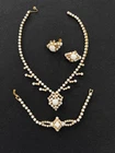 Vintage Gold Tone White Milk Glass & Rhinestone Necklace Bracelet Earring Set