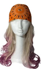 Orange Black stretch head wrap with ponytail opening