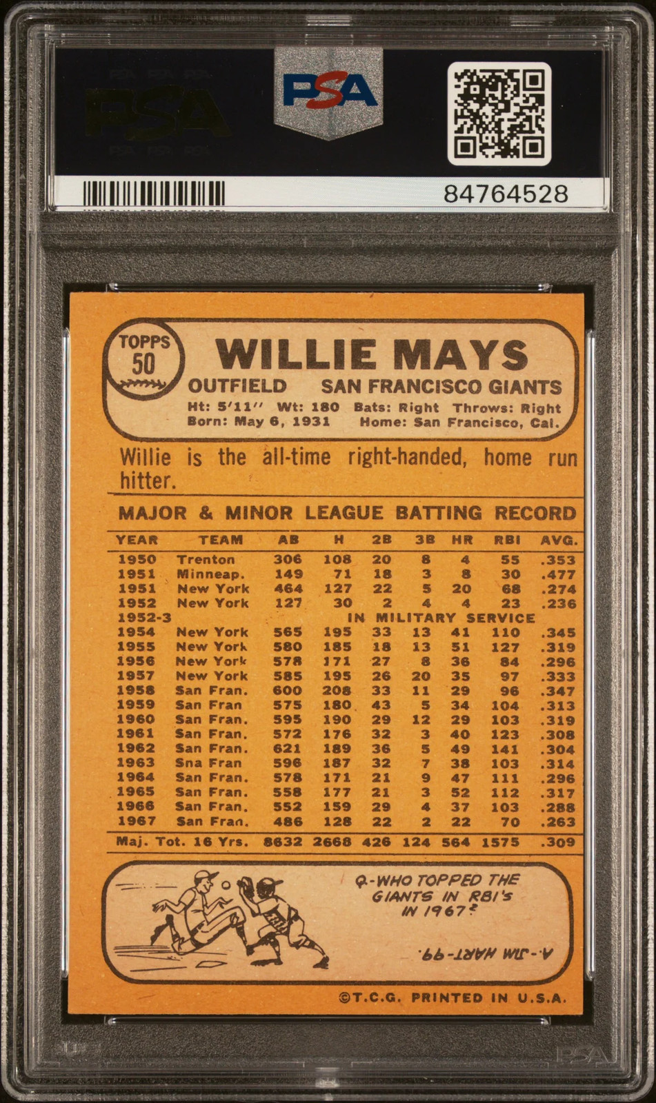 1968 Topps Willie Mays #50 PSA 5 view 2
