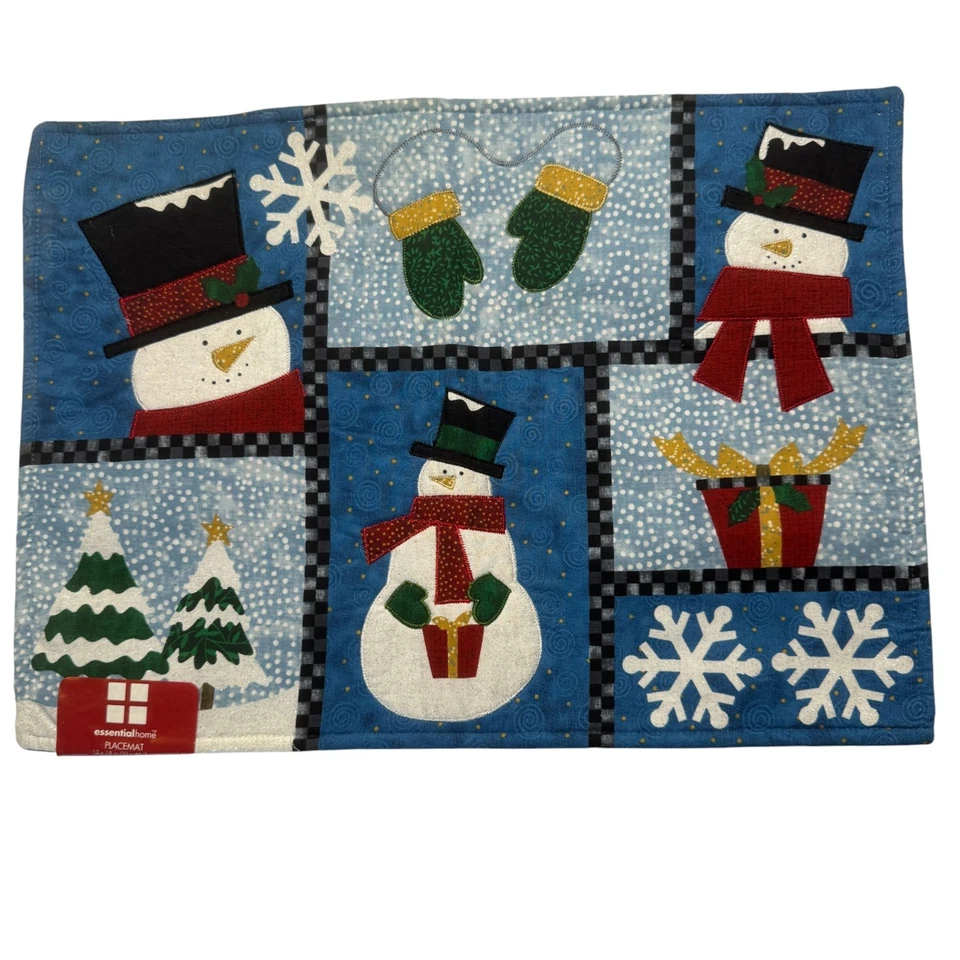 NEW Essential Home Winter Snowman Holiday Placemats Set Of 4 Blue White Cottage - Image 3 of 4