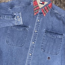 Vintage TOMMY HILFIGER Red Plaid Collar Blue Jean Shirt Size Medium Denim