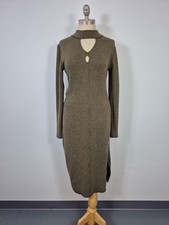 AMANA Women's Sweater Dress Midi Olive Green Long Sleeve Crew W/ Keyhole Medium