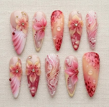 3D Pink/White Flower Coffin Long Pre-Designed Press-On Nails Set