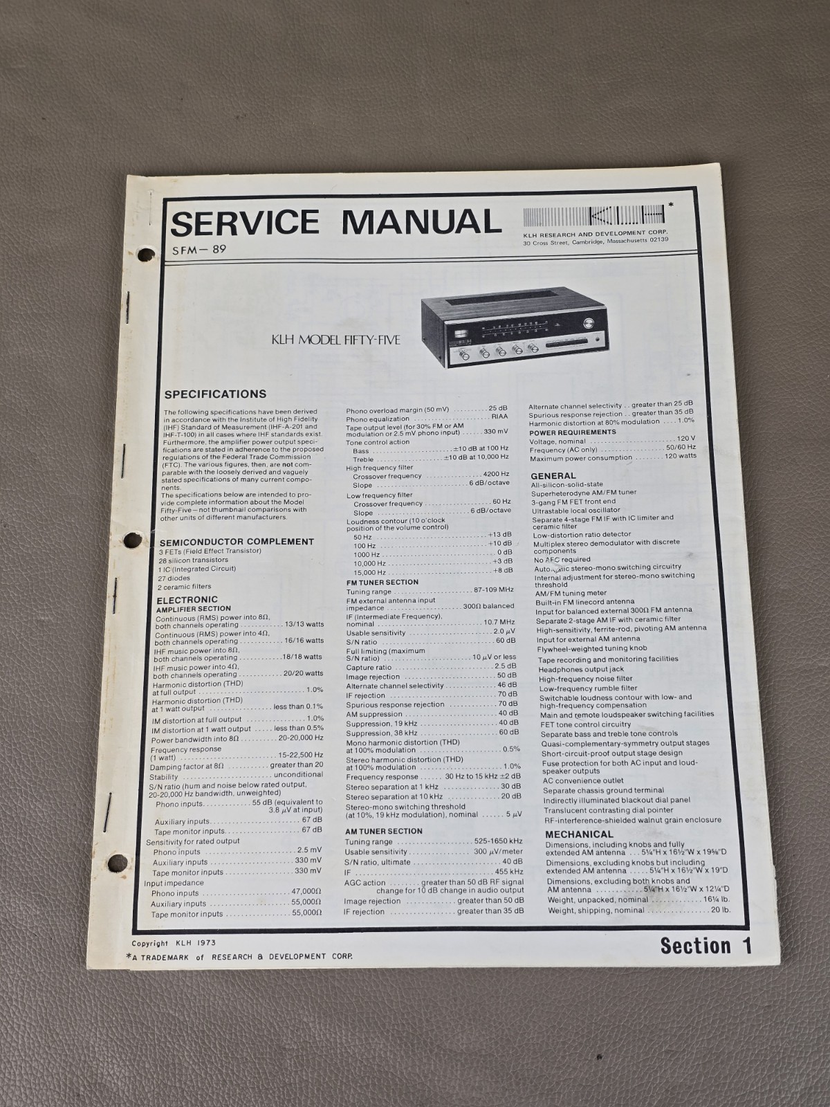 KLH Model Fifty Five Service Manual D-6324