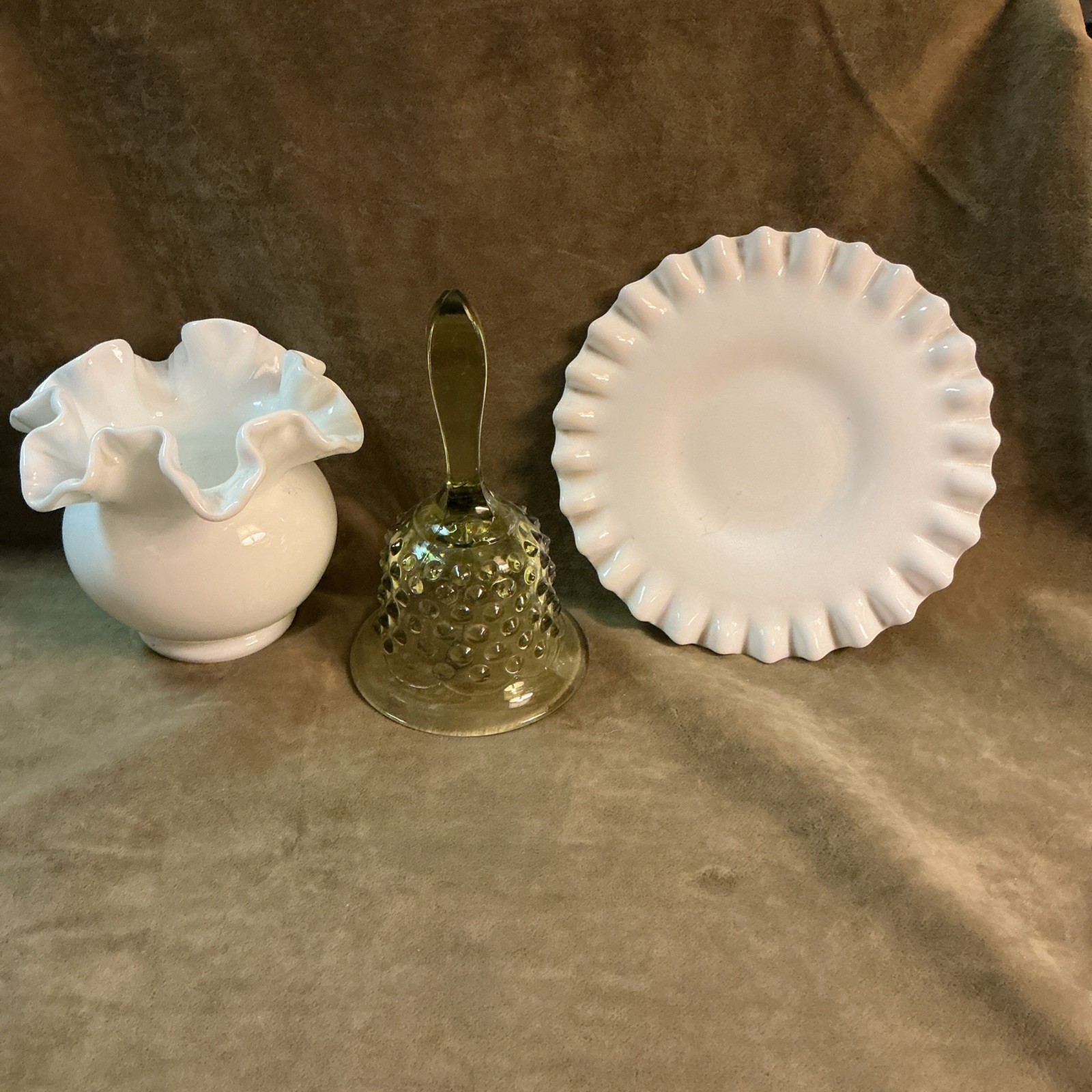 Vintage Fenton art glass hobnail and plane three-piece light green and white