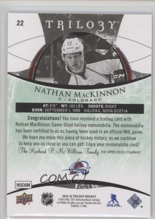 2015 Upper Deck Trilogy Debut Year Green Rainbow Foil /113 Nathan MacKinnon #22 - Image 2 of 2