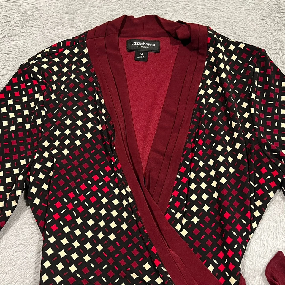 Liz Claiborne Career Faux Wrap Dress Women's M 3/4 Sleeve Tie Waist Deep V-Neck - Image 2 of 4