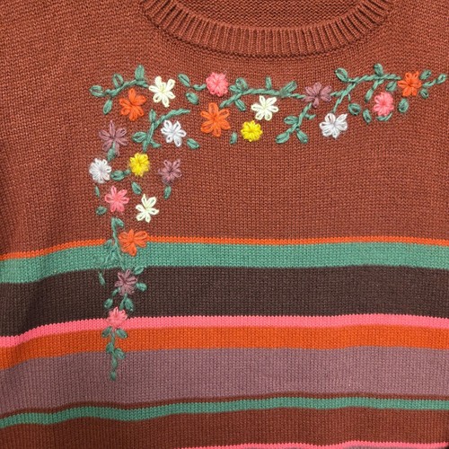 Vintage Maroon Burgundy XL Vintage Hand-Embroidered Striped Sweater Cottage Core - Picture 3 of 7