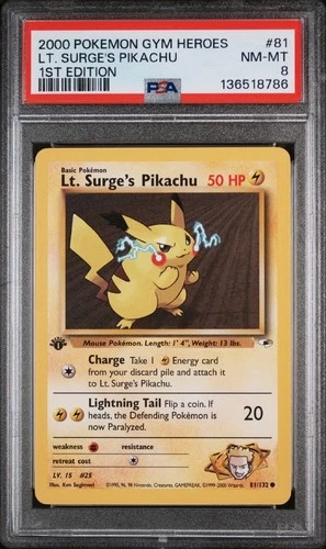 PSA 8 NM-MINT 2000 POKÉMON GYM HEROES 1ST EDITION LT. SURGE'S PIKACHU 81/132⚡️⚡️