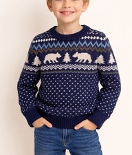 Crewcuts Boys Fair Isle Polar Bear Sweater Navy Blue 100 Cotton Size S 6-7