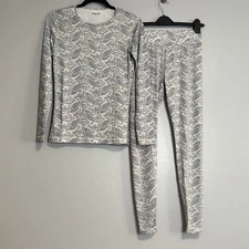 Lands End Gray Blue Paisley Base Layer Set XS Pants Crew Neck Top