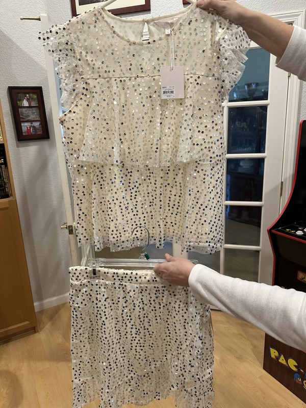 2-Piece LC LAUREN CONRAD Ivory Sequin Blouse & Skirt, Sz Lrg, NWT: $44 & $50