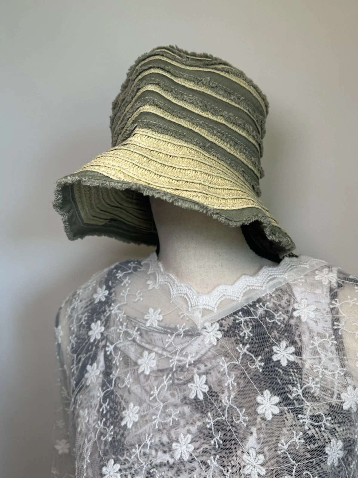 Y2K 2007 Banana Republic Bucket Hat Fabric Patchwork Green Fringe New Festival