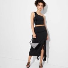 Wild Fable Ruffle Midi Skirt Womens X-Large Elastic Waist Black