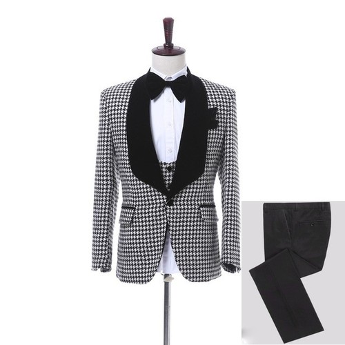 Men Suit Houndstooth Tweed Velvet Shawl Lapel Groom Tuxedo Wedding Prom 3 Piece - Picture 2 of 10