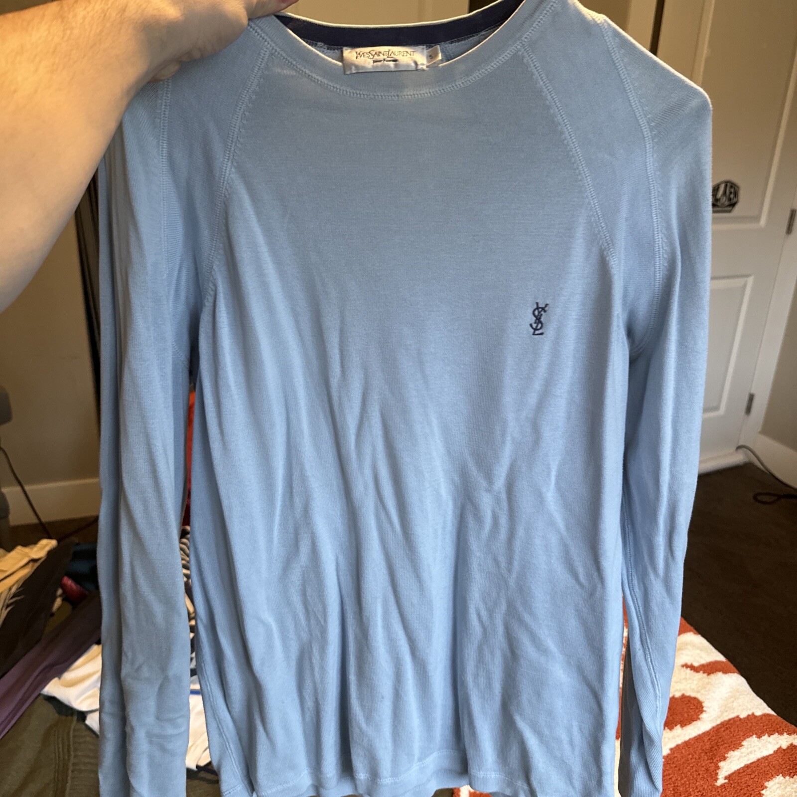 SAINT LAURENT Maglione leggero da uomo vintage ysl blu bambino * scolorimento sul colletto