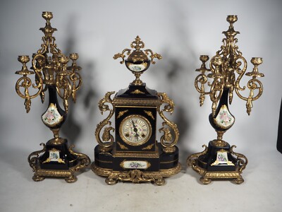 STUNNING ACF Sevres Porcelain & Brass Clock FHS Movement & Matching Candelabra's