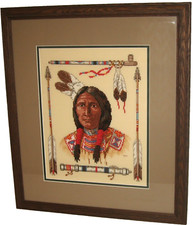 Professionally Framed Cross-Stitch Needlepoint Colorful Native American Chief