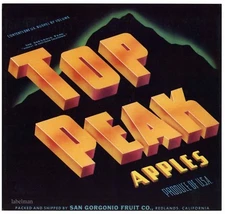 TOP PEAK Brand, Redlands, San Gorgonio **AN ORIGINAL APPLE FRUIT LABEL** 